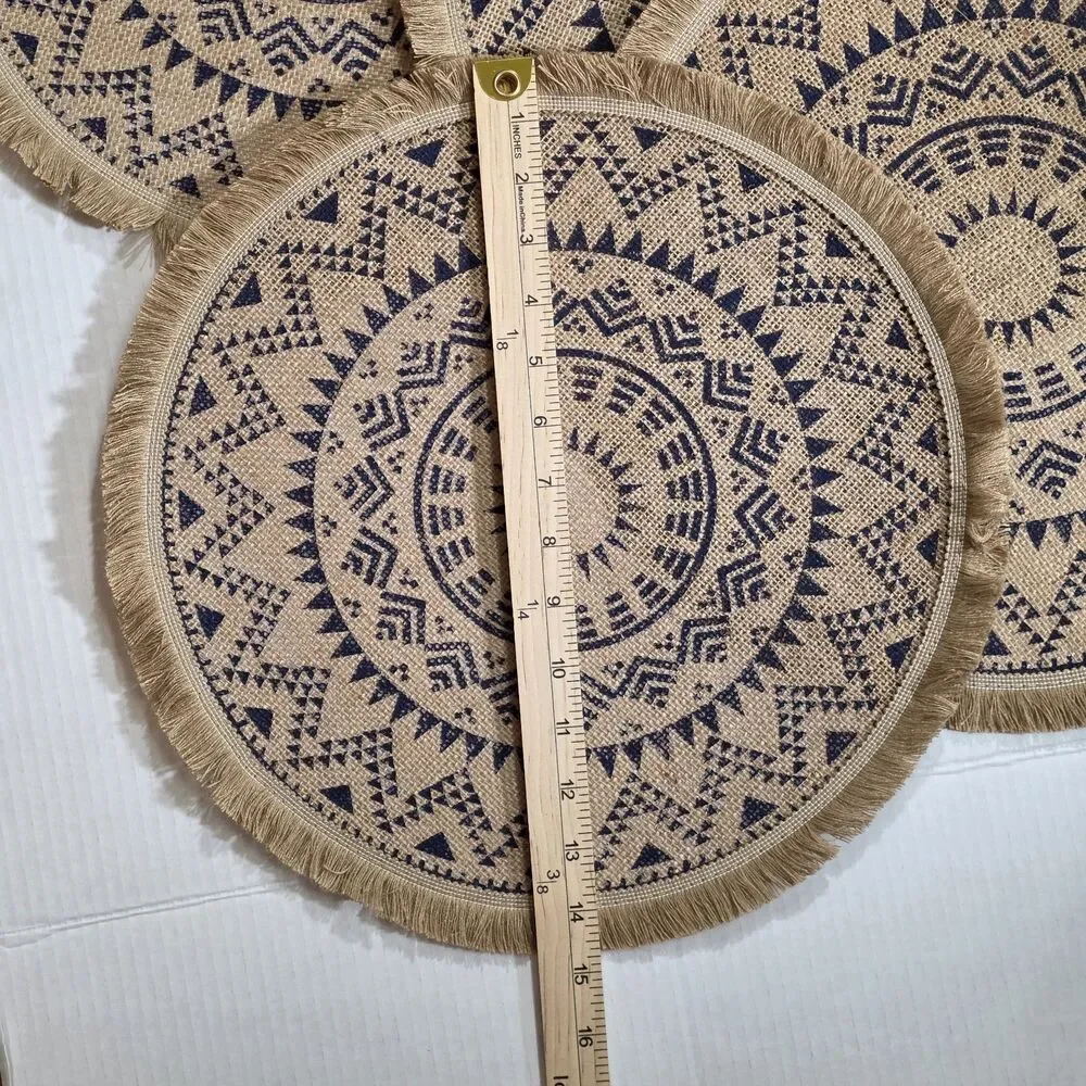 NWOT Boho Round Jute Placemats Navy Blue Mandala Fringed Set of 4 Thanksgiving
